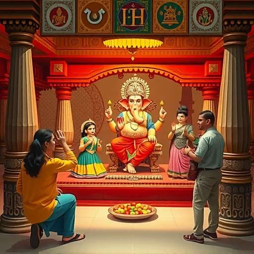 Temple Treasure Hunt Ganesh Chaturthi Event Temple Treasure Hunt Ganesh Chaturthi celebration showing Ganesh idols in a temple and players solving modak puzzles