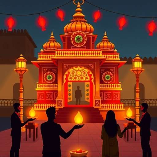 Temple Treasure Hunt Diwali Event Temple Treasure Hunt Diwali celebration showing a temple decorated with diyas and players solving light-based puzzles