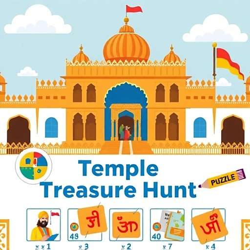 Temple Treasure Hunt Gurpurab Event Temple Treasure Hunt Gurpurab celebration showing a Sikh temple with players solving calligraphy puzzles